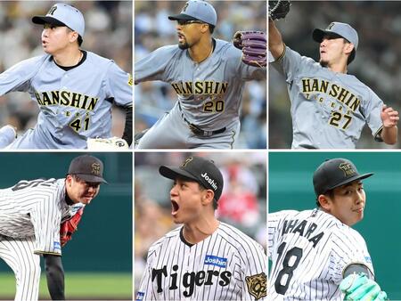 　阪神が先発ローテ再編。（上段左から）村上、デュプランティエ、伊藤将、（下段左から）才木、大竹、伊原