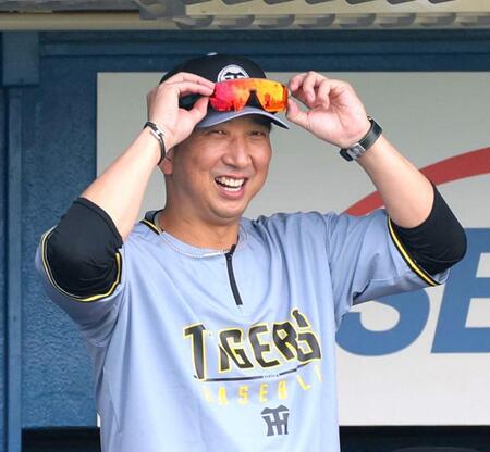 　笑顔で練習を見る藤川監督（撮影・西岡正）