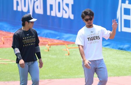 　梅野（左）と話す伊藤将（撮影・金田祐二）