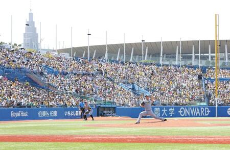 　満員の三塁側スタンドを背に力投する伊藤将（撮影・西岡正）