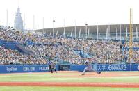 　満員の三塁側スタンドを背に力投する伊藤将（撮影・西岡正）