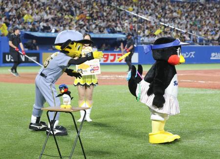 　つばみ（右）のしっぽで輪投げするトラッキー＝２７日