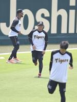 　ハーフパンツ姿で練習する村上（中央）ら投手陣