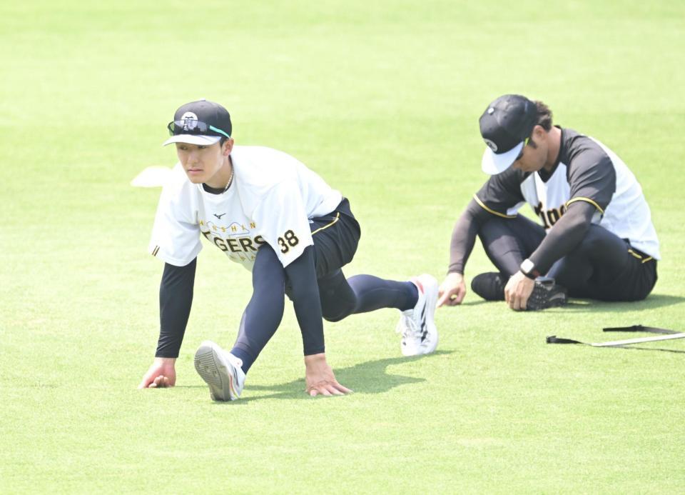 　ハーフパンツ姿で練習する小幡（手前）ら阪神ナイン