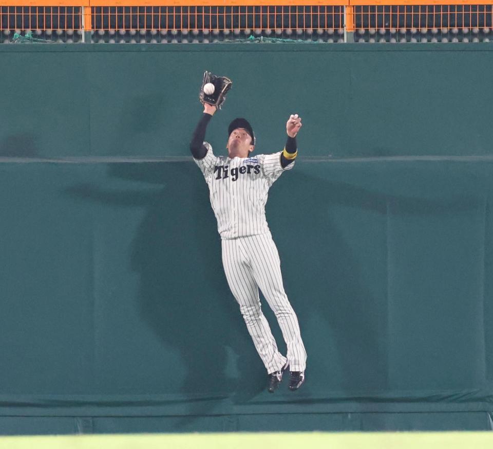 　７回、丸の打球をジャンプして捕球する近本（撮影・北村雅宏）