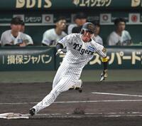 　７回、二塁打を放ち、勢いよく一塁を回る近本（撮影・飯室逸平）