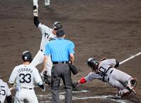 　８回、大山の適時内野安打で先制の生還を果たす森下。右は捕手・甲斐（撮影・立川洋一郎）