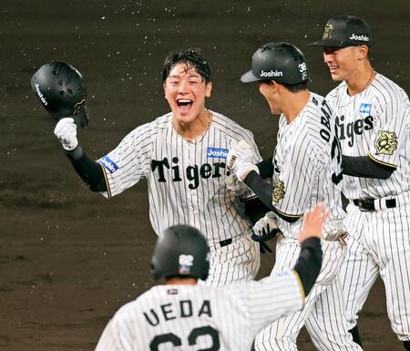 　９回、サヨナラとなる中犠飛を放ちナインから手荒い祝福を受ける豊田（中央）＝撮影・立川洋一郎