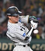 　９回、サヨナラ犠飛を放つ豊田（撮影・西田忠信）