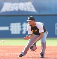 　一塁でノックを受けるヘルナンデス（撮影・西岡正）