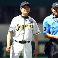 　８回、選手交代を告げる平田２軍監督（撮影・山口登）