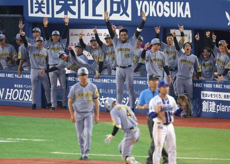 　４回、熊谷（４）の先制適時三塁打で盛り上がる阪神ベンチ（撮影・金田祐二）
