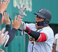 　５回、ソロを放って生還しナインとタッチを交わす野口（撮影・立川洋一郎）