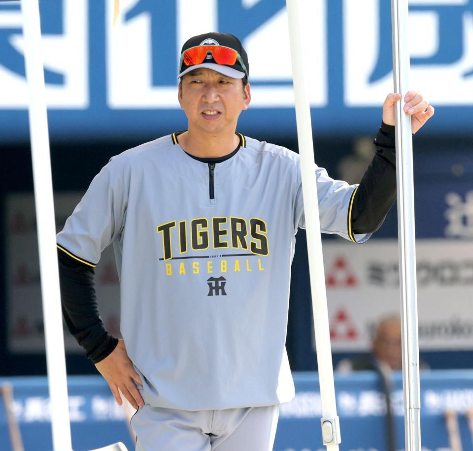 　試合前練習を見る藤川監督（撮影・西岡正）