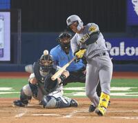 　８回、中越えソロを放つ森下（撮影・金田祐二）