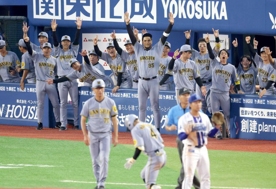 　４回、熊谷（手前）の先制２点三塁打に盛り上がる阪神ベンチ（撮影・金田祐二）