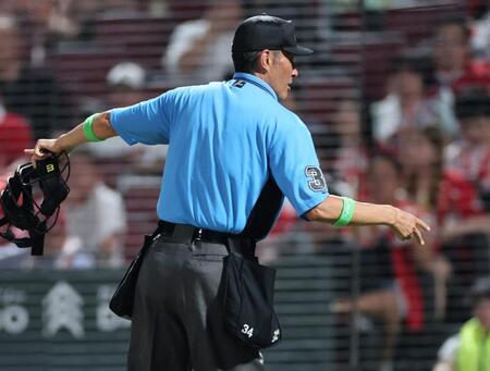 　４回、場内アナウンスの間違いを指摘する土山球審（撮影・田中太一）