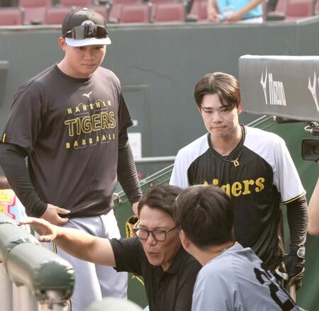 　藤川監督と話し込む侍ジャパン・井端監督（手前）のもとへあいさつに訪れた森下と中野（撮影・田中太一）
