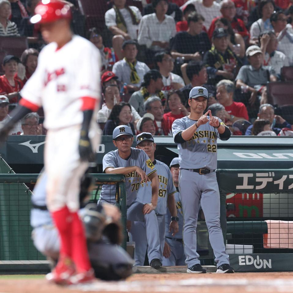 　６回、２死満塁で坂倉への押し出し死球を巡ってリクエストする藤川監督（撮影・市尻達拡）