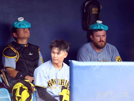 　ベンチに戻り氷のうを頭に乗せクールダウンする嶋村（左）とビーズリー（撮影・山口登）