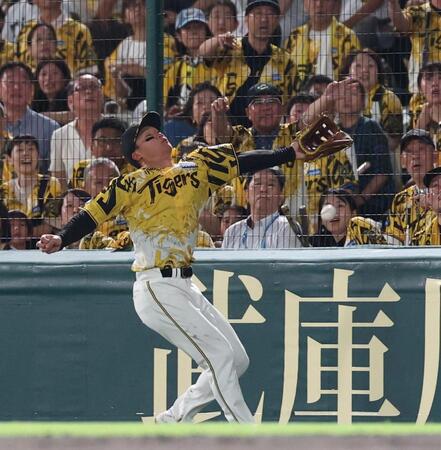 　６回、山田の放った飛球を懸命に追う森下だが、捕球しきれず（撮影・北村雅宏）