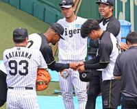 　１軍に合流しデュプランティエ（中央左）と握手を交わす高橋（撮影・立川洋一郎）