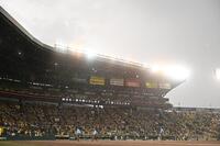 　２回、降雨のため中断する甲子園球場（撮影・西田忠信）