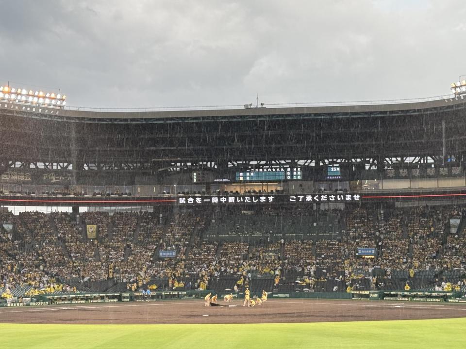 　雨のため、中断される甲子園