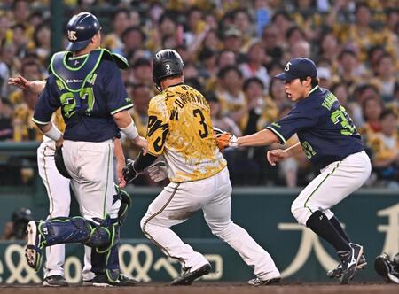 　４回、豊田の遊撃への打球で三本間に挟まれタッチアウトになる大山（中央）＝撮影・西田忠信