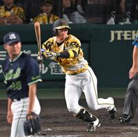 　５回、左前打を放つ近本（撮影・飯室逸平）