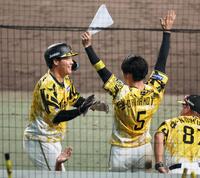 　８回、小幡の適時二塁打で生還しナインの出迎えに笑顔を見せる大山（撮影・立川洋一郎）