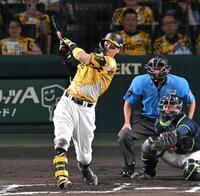 　６回、先制の２４号２ランを放つ佐藤輝（撮影・飯室逸平）