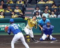 　２回、空振り三振に倒れる佐藤輝。投手高橋宏（撮影・山口登）