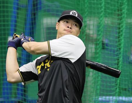 　素振りをする佐藤輝（撮影・田中太一）