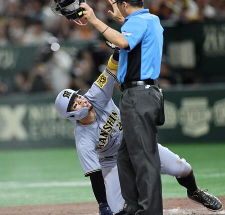 　７回、高寺の打席で球審に猛アピールする佐藤輝（撮影・田中太一）