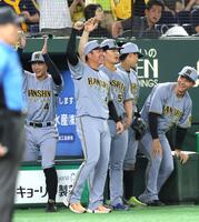 　１１回、坂本の２ランにガッツポーズの村上（中央）＝撮影・西岡正