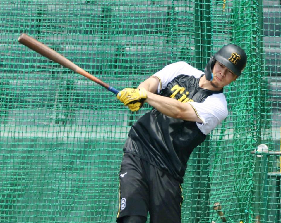 　打撃練習をする佐藤輝（撮影・山口登）
