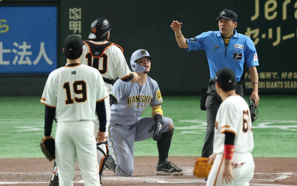 　７回、高寺の２度打ちをアピールする佐藤輝（撮影・金田祐二）