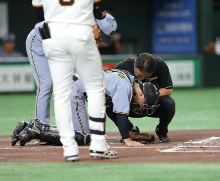 　１回、丸の打席で足を痛めてうずくまる坂本（撮影・西岡正）