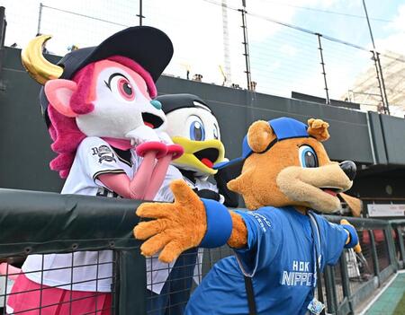 　ポーズを決める（左から）オリックスのバファローベル、ロッテのズーちゃん、日本ハムのＣ・Ｂ（撮影・西田忠信）