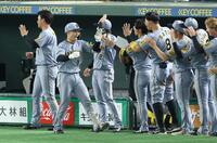 　１１回、２ランを放ちナインに迎えられる坂本（撮影・金田祐二）