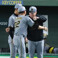 　藤川監督に祝福されるネルソン（撮影・金田祐二）