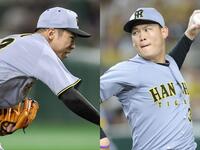 　８回を無失点に抑える石井（左）と７回に登板し力投する及川