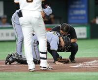 　１回、丸の打席で足を痛めてうずくまる坂本（撮影・西岡正）