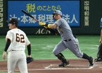 　６回、右前打を放つ佐藤輝（撮影・金田祐二）