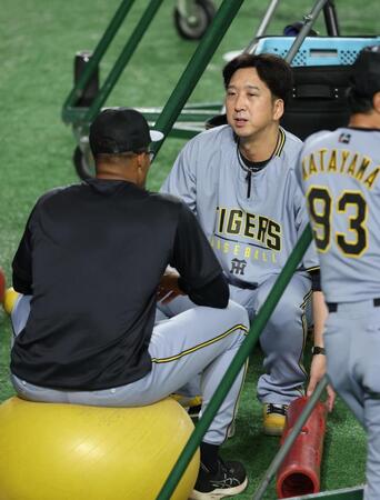 　デュプランティエと話し込む藤川監督（撮影・金田祐二）