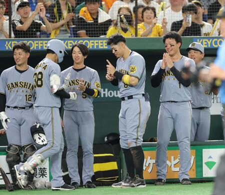 　３回、２本目の２ランを放った小幡竜平（３８）を祝福する佐藤輝（中央）と森下（右）＝撮影・西岡正