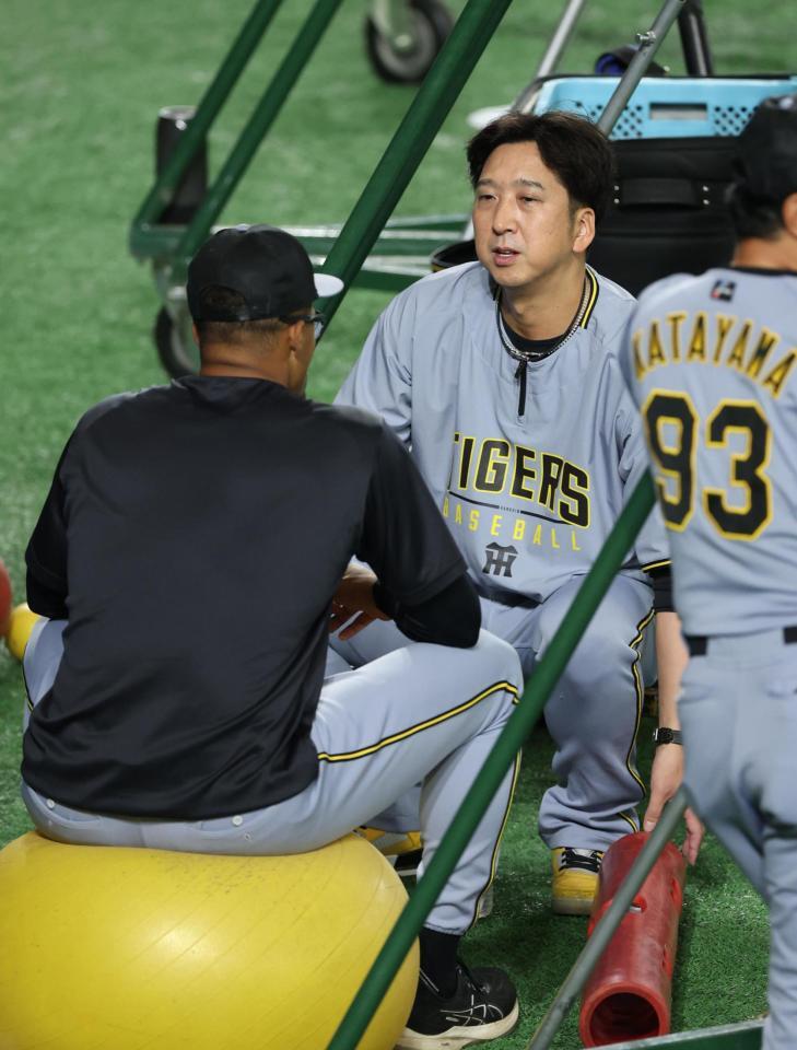 　デュプランティエと話し込む藤川監督（撮影・金田祐二）