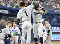 　５回、右越えソロを放ち、森下（左）とハイタッチする佐藤輝（撮影・西岡正）