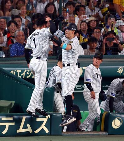 　６回、ソロを放った佐藤輝（右）は森下とジャンプし喜ぶ（撮影・山口登）